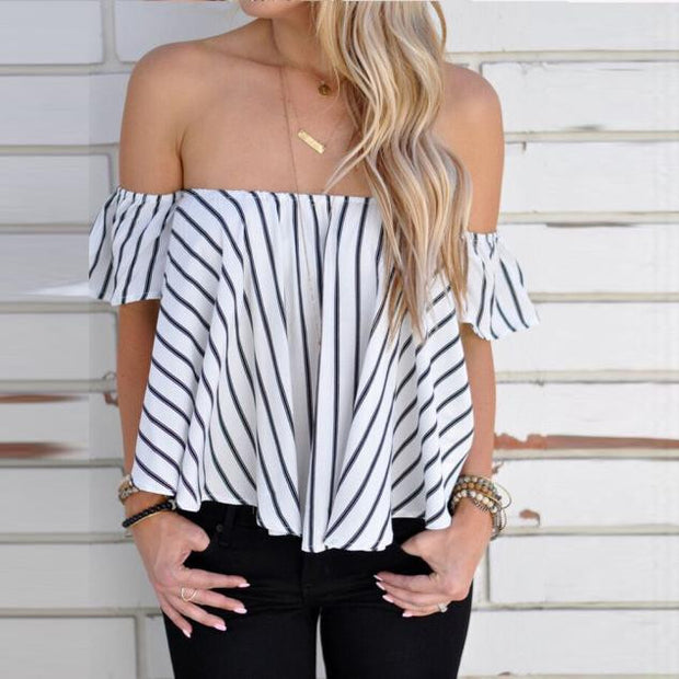 Off Shoulder Stripe Casual Blouse Shirt Tops