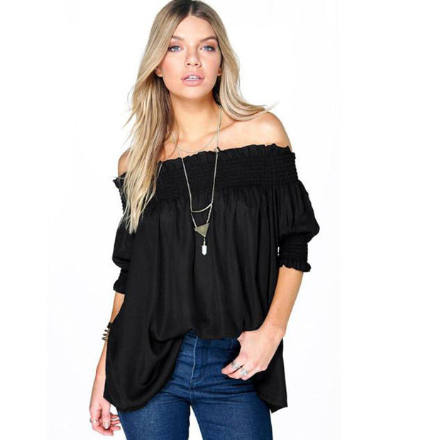 Off Shoulder Women Blouse Black Shirt 2016 Fashion Half Sleeve Tops Casual Loose Blouse Beach Shirt