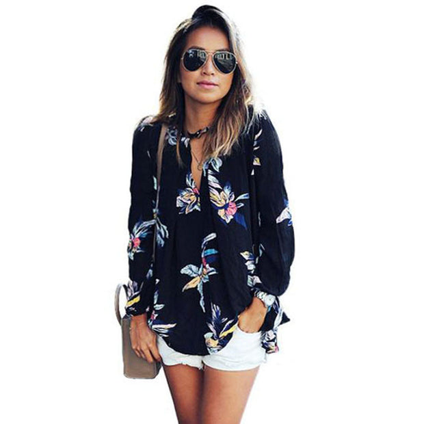 Womens Chiffon Blouse 2016 Fashion Floral Printing Loose Long Sleeve Tops V-Neck