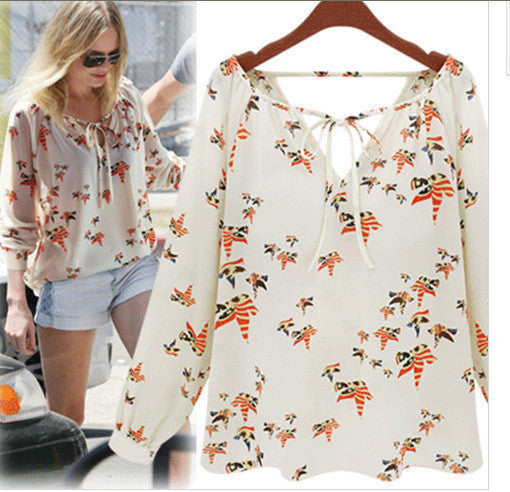 Pigeons Print V-Neck Blouse