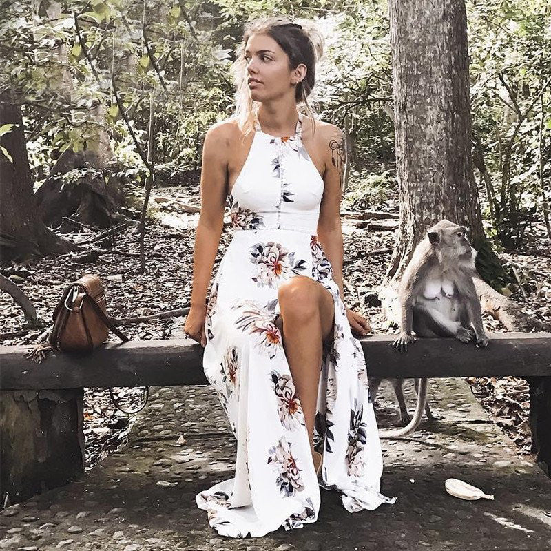 Floral halter chiffon long backless dress