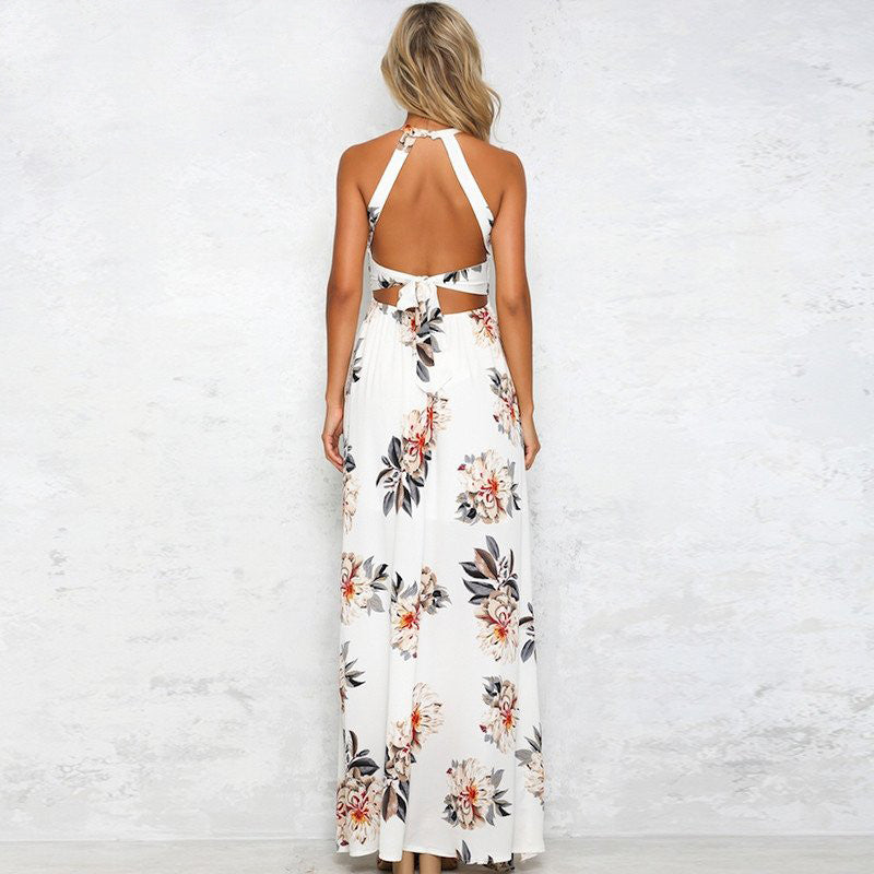 Floral halter chiffon long backless dress