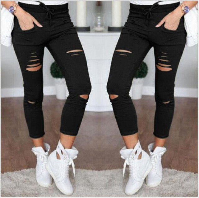 High waist cotton distressed pants