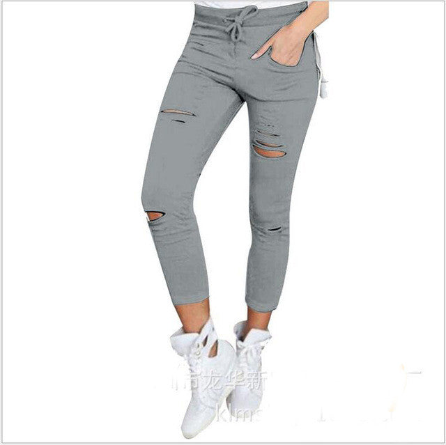 High waist cotton distressed pants