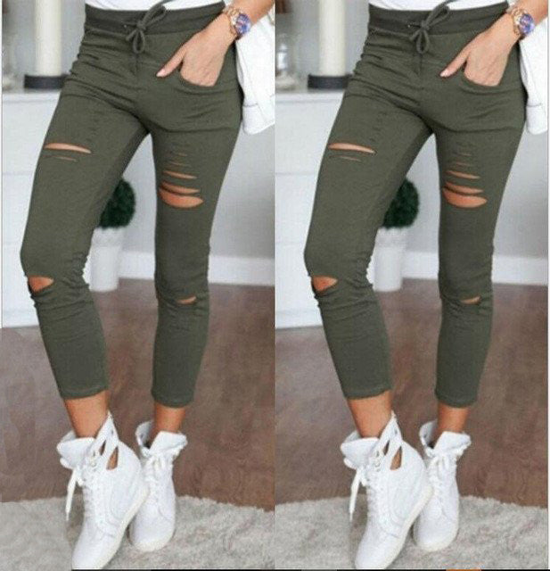 High waist cotton distressed pants