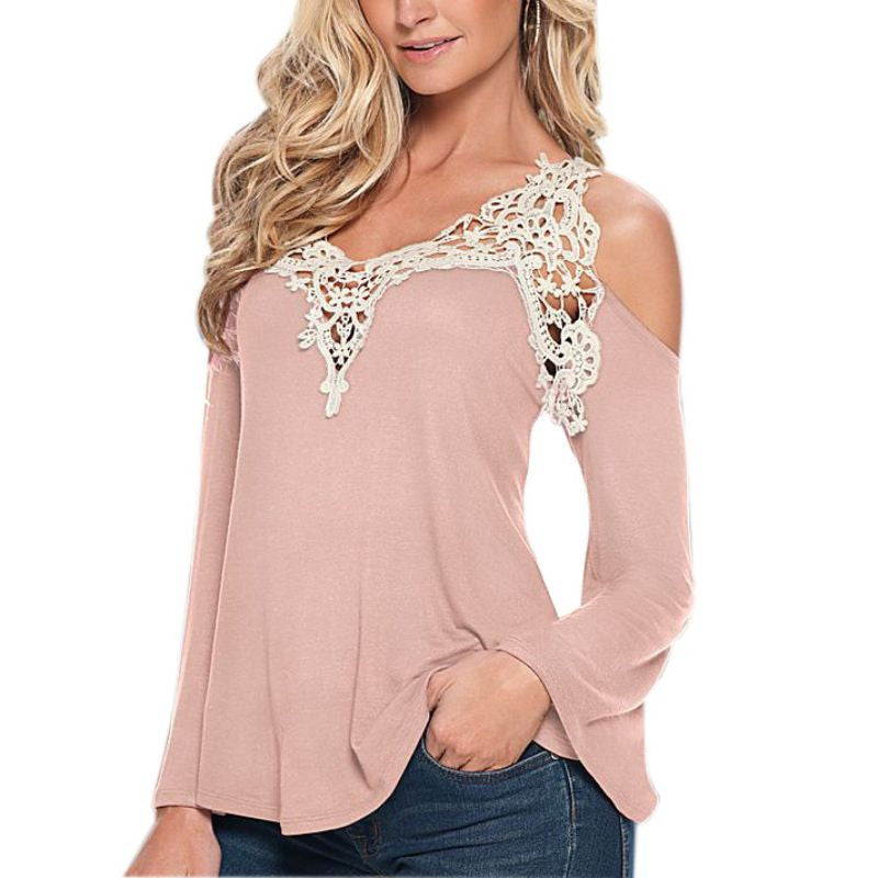 Long Sleeve Casual Off Shoulder V-Neck Strapless Lace Shirt Tops