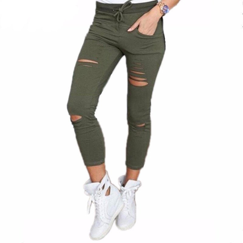 High waist cotton distressed pants