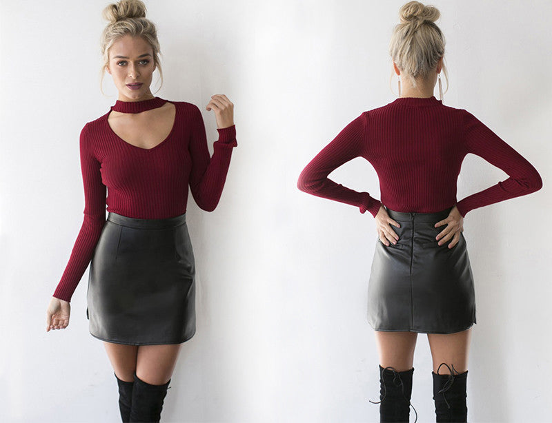 Halter knitted sweater v neck